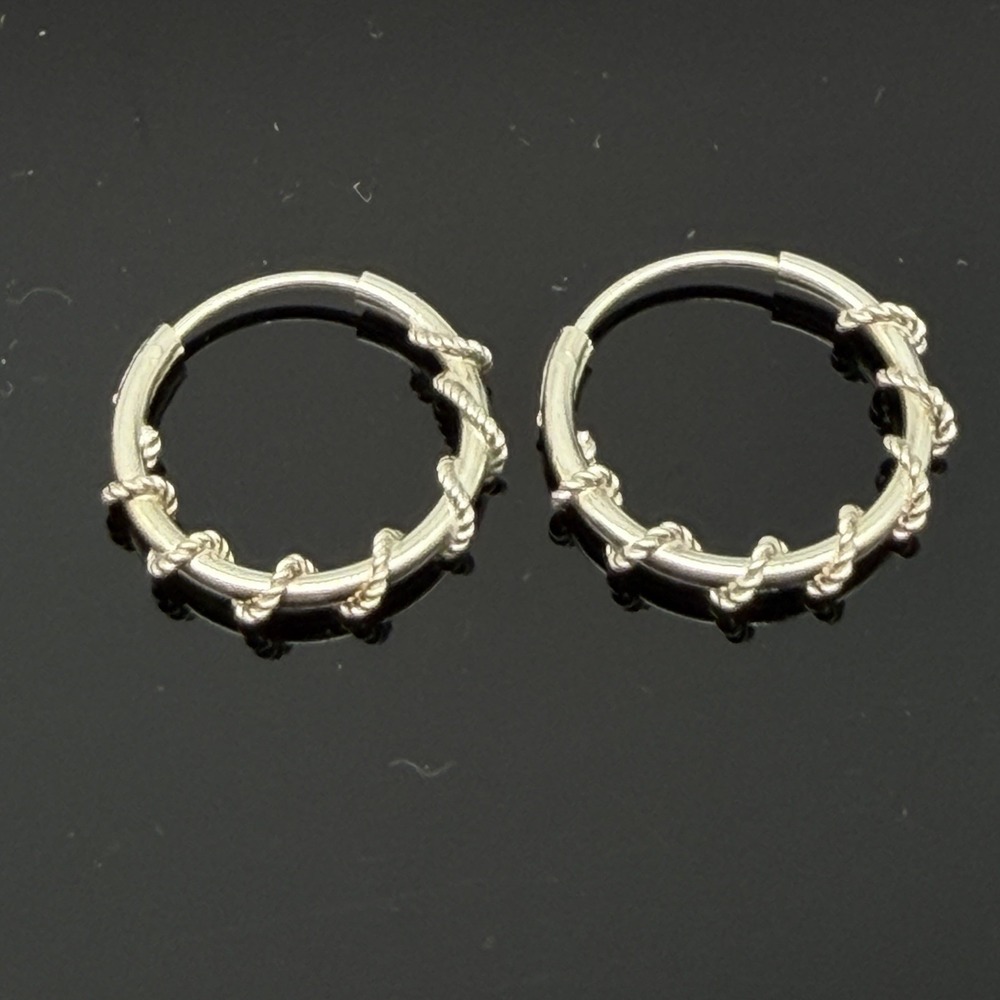 Sterling Silver Wrapped Twisted Rope Wire Hoop Earrings Small 5/8"